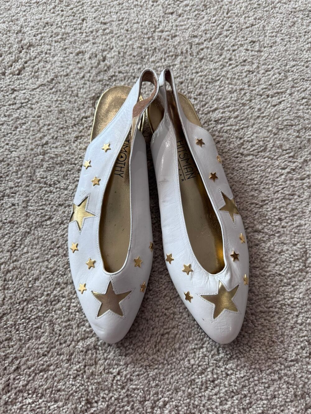 Vintage Timothy Hitsman White & Gold Star Leather Slingback Kitten Heels Size 9